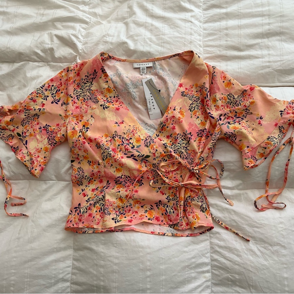 Topshop Peach Floral Wrap Blouse